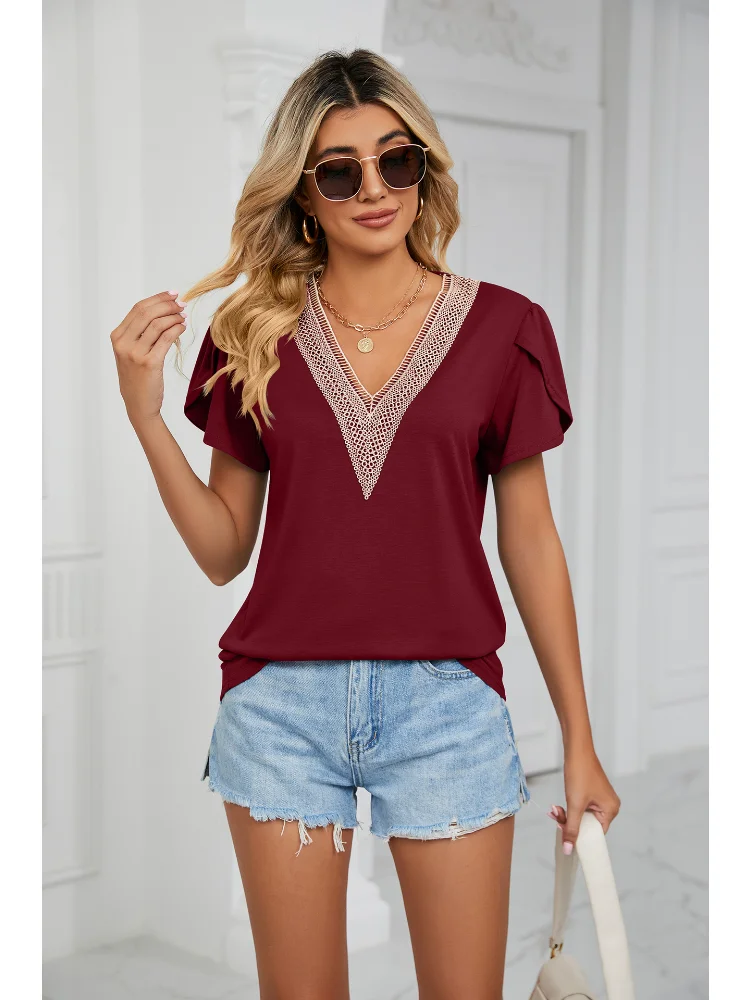 

2023 Summer New Arrival Women Clothes Tops Lace V-neck Patchwork Shirts for Women Short Sleeve Solid Color T-shirts for Women
