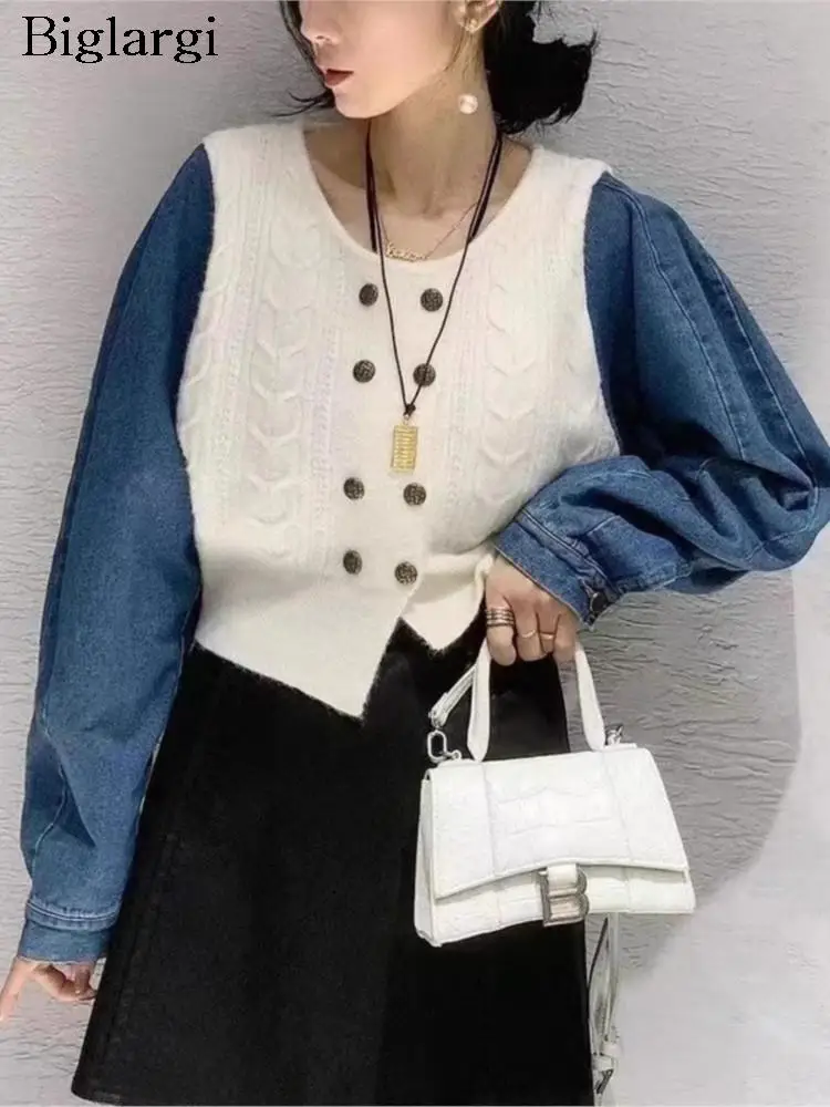 

Autumn Denim Patchwork Sweater Coat Women Korean Modis Loose Ladies Cropped Cardigans Long Sleeve Casual Woman Jackets Coat 2023