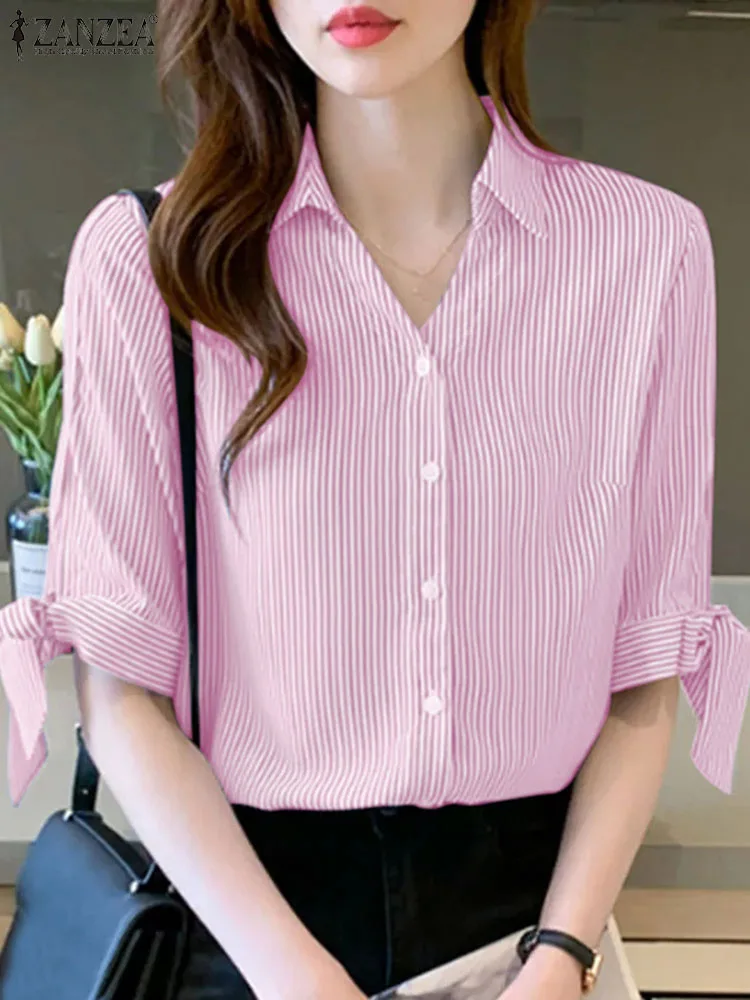

ZANZEA Stripe Printed Women's Blouse Summer Stylish Elegant Shirt Half Sleeve Lapel Neck Shirts Femme Vintage OL Office Chemise
