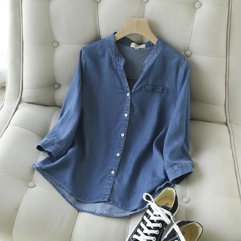 

Spring Summer Womens Blue Denim Shirts Casual V Neck Half Sleeve Single Breasted Blouse Female Loose Leisure Tops