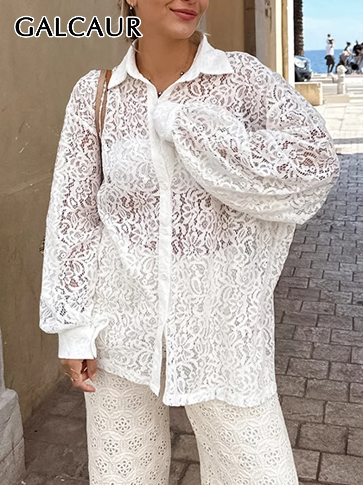 

GALCAUR Summer Hollow Out Shirts For Women Lapel Long Sleeve Patchwork Single Breasted Solid Temperament Loose Blouse Female New