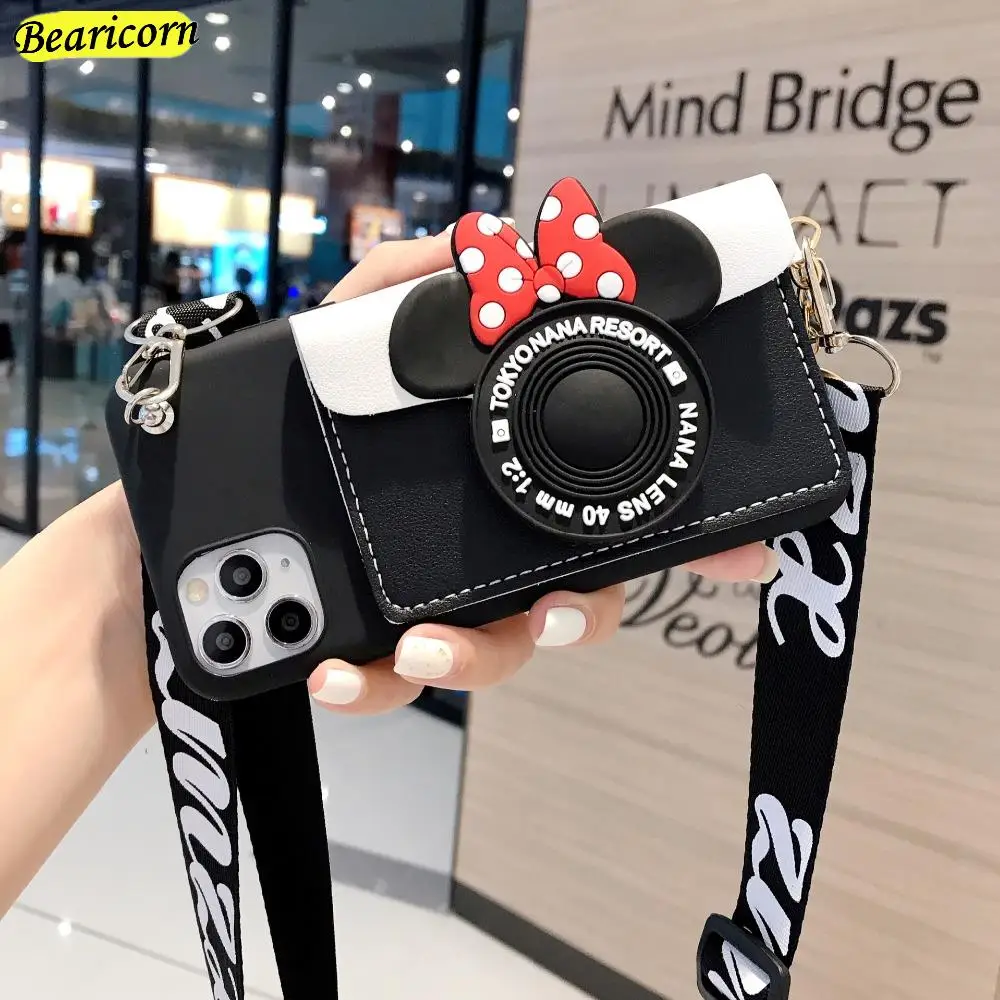 

3D Cute Cartoon Mouse Camera Wallet Soft Phone Case for Honor 30 Lite 30i 30s X30i 50 SE 60 Pro coin purse Necklace Strap Cover