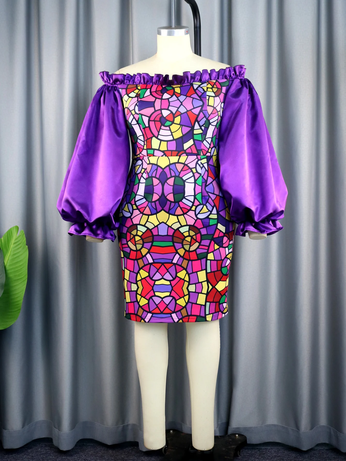 Plus Size Printed Dresses for Women Off Shoulder Purple Long Flare Sleeve Empire Bodycon Knee Length Evening Event Gowns 4XL