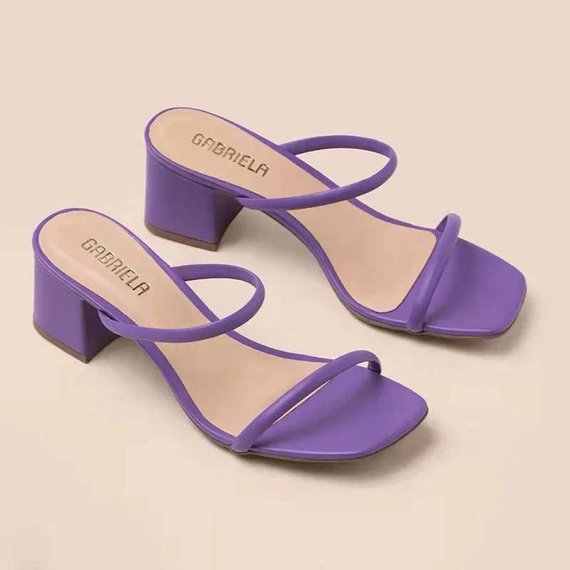 2023 Summer Peep Toe Women Slippers Fashion Solid Color Outdoor Square Heels Sandals Sexy Beach Slides Pumps Sandalias De Mujer