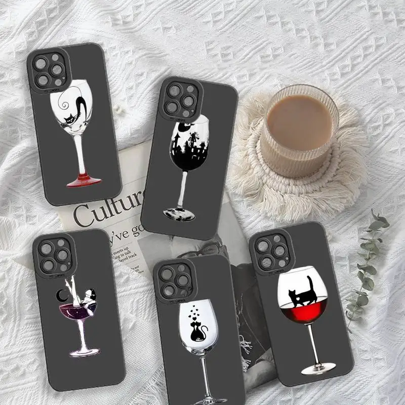 

Red wine glass coffee cat Phone Case For iPhone 13 12 11 Pro MAX Mini X XS XR 7 8 Plus Camera Lens Liquid Silicone