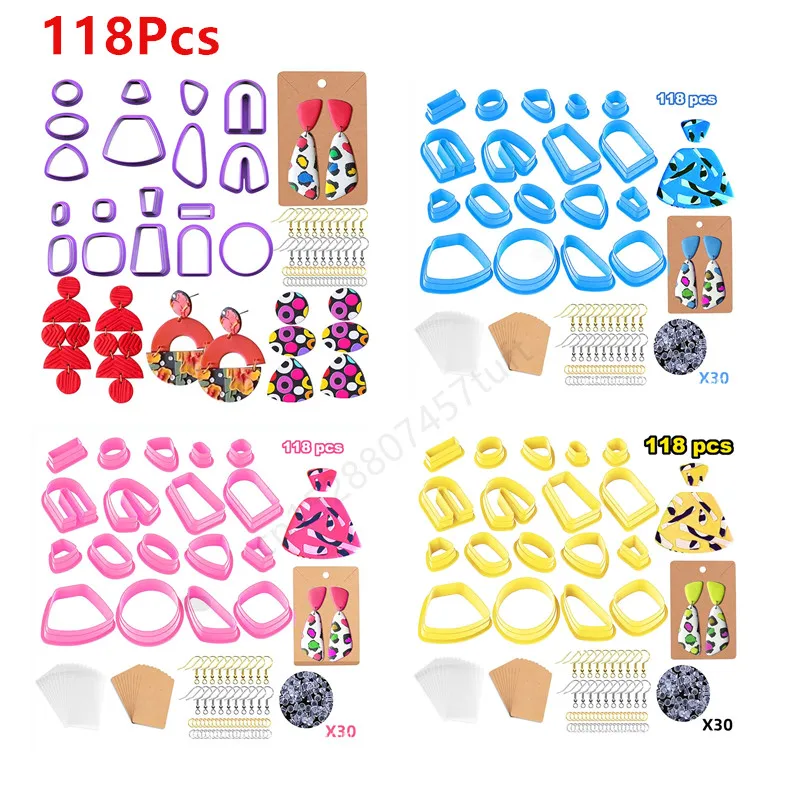 

118Pcs Polymer Clay Cutters for Earrings Plastic Cutting Mold DIY Jewelry Pendant Making Tools with Hooks Clip Card Bags