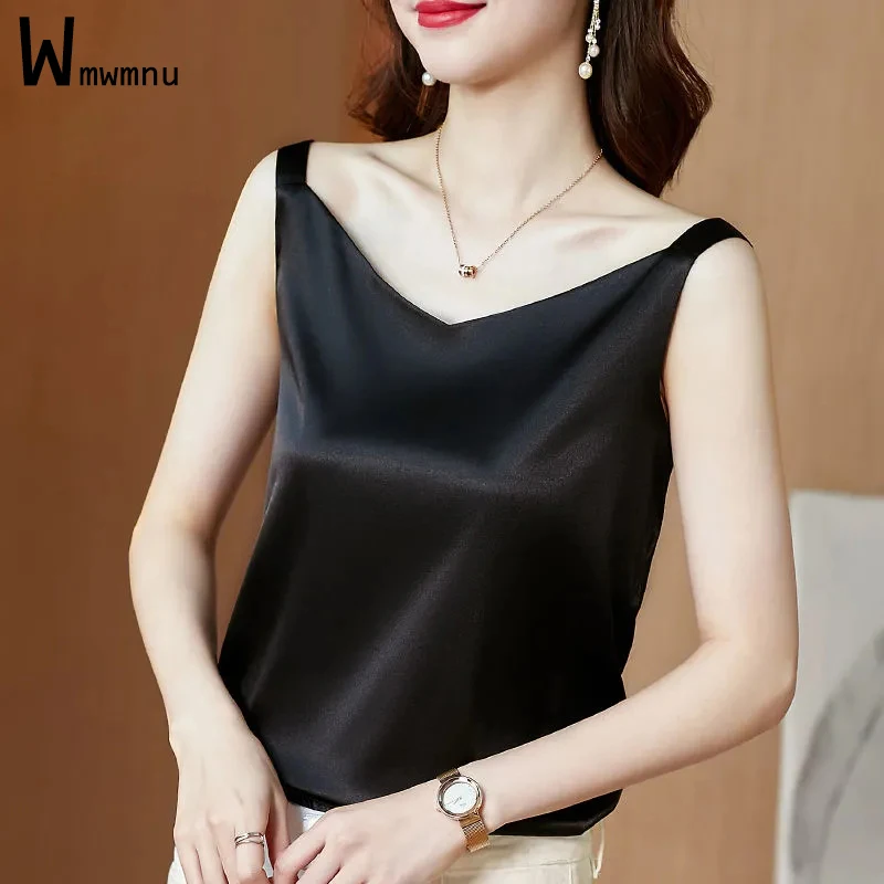 

Satin Solid V Neck Sleeveless Office Lady Summer Korean Vest Tees Women 2022 New Fashion Sexy Elegant Basic Baggy Straps Tops