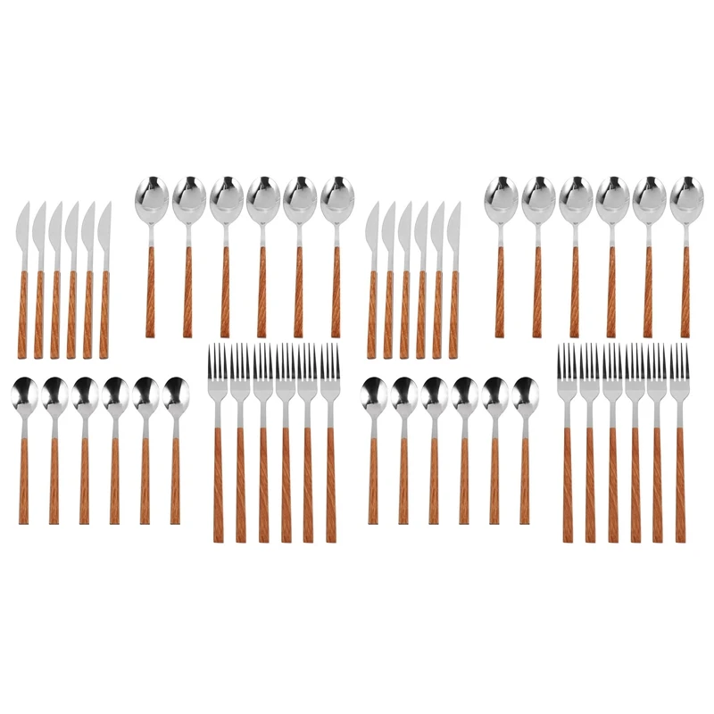 

48Pcs 304 Stainless Steel Tableware Set Glossy Wood Silver Dinnerware Sets Western Food Knife Fork Teaspoon Cutleries