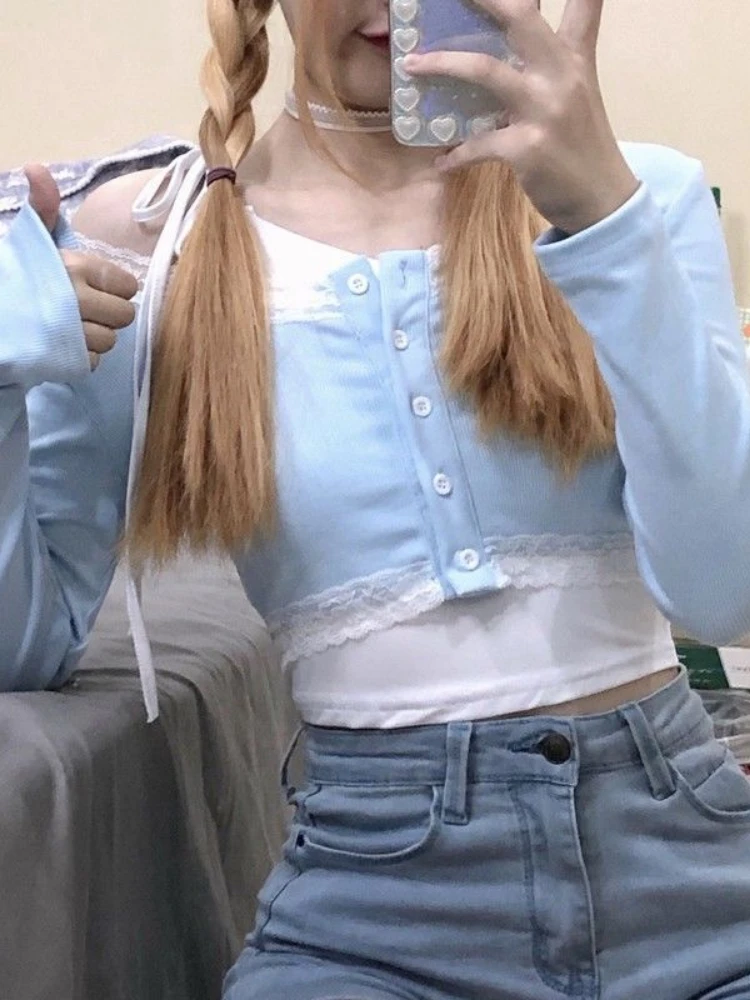 Кружевные голубые милые топы женские дизайнерские пикантные облегающие рубашки