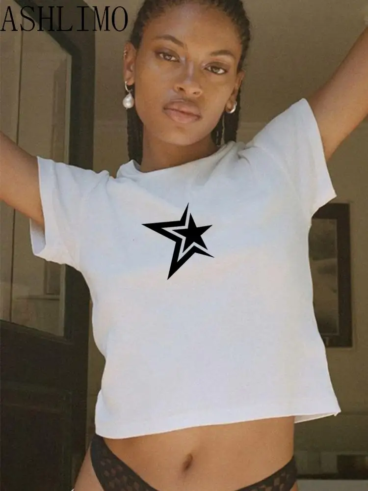 

Women Y2k T-shirt Star Print Kawaii Crop Tops Summer Short Sleeve Baby Tees Harajuku Streetwear Clothes Sexy E-girl Baby Tee