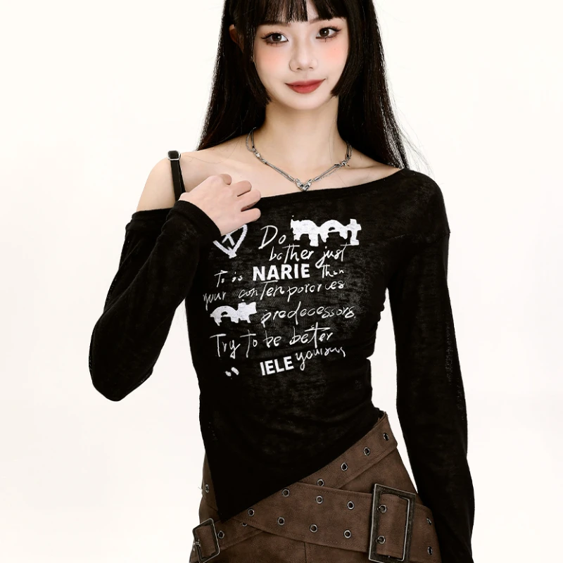 Футболки женские тонкие с буквенным принтом длинным рукавом винтажные открытыми