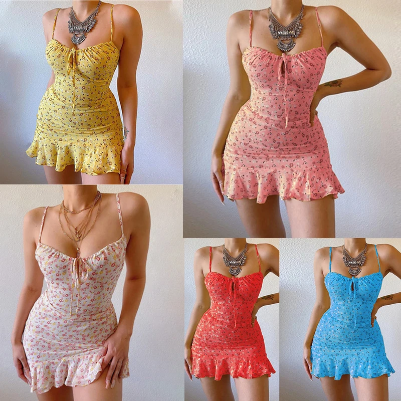 damska seksowna letnia sukienka bez rękawów Modna krótka spódniczka na co dzień z kwiatowym nadrukiem i wstążkami Elastycznoś...