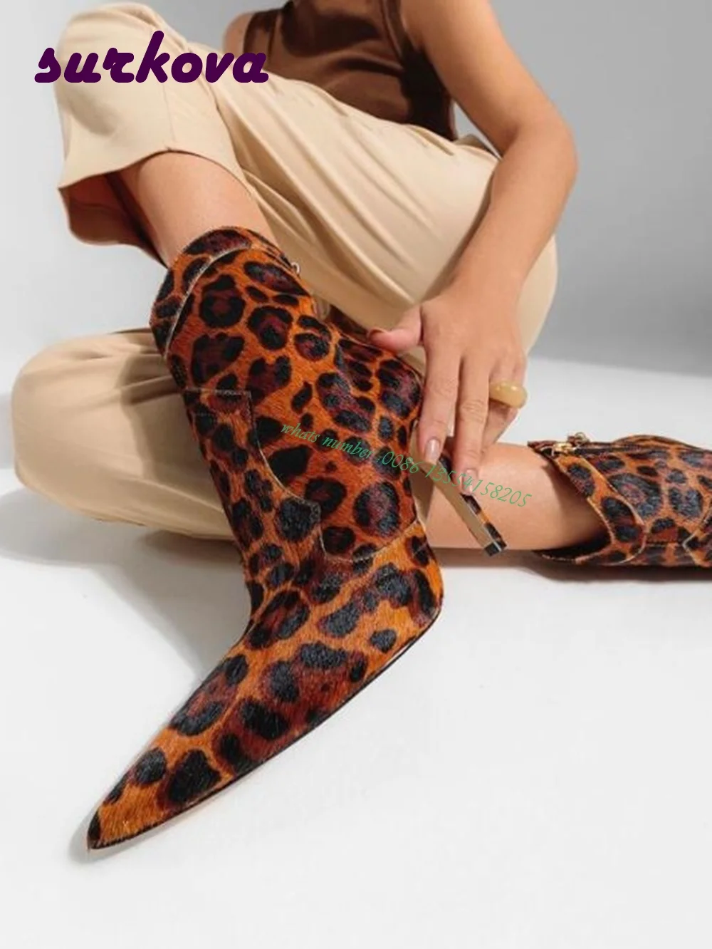 Leopard Stiletto Heels Ankle Boots Pointed Toe Side Zipper Over the Knee Women's Boots Leather Casual Winter Shoes Runway Sexy