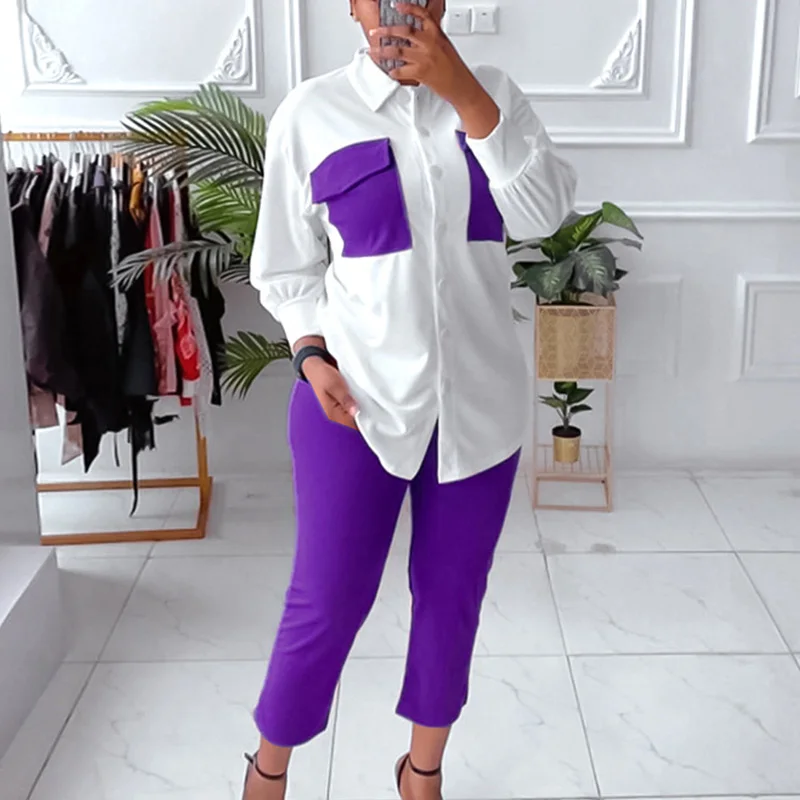 

Spring Turn-down Collar Button Shirt With Bodycon Pants 2pcs Women Patchwork Slim Office Suit 2022 Autumn Long Sleeve Retro Sets