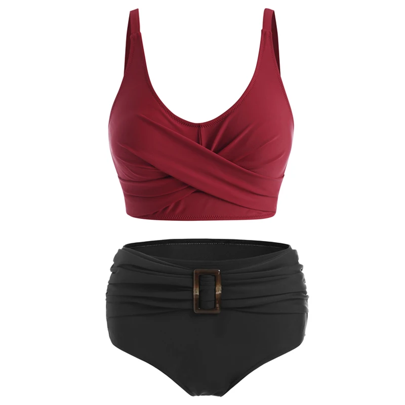 

Criss Cross Tank Beach Top and Ruched Rectangle Buckle Swim Briefs Women Bikini Bottoms