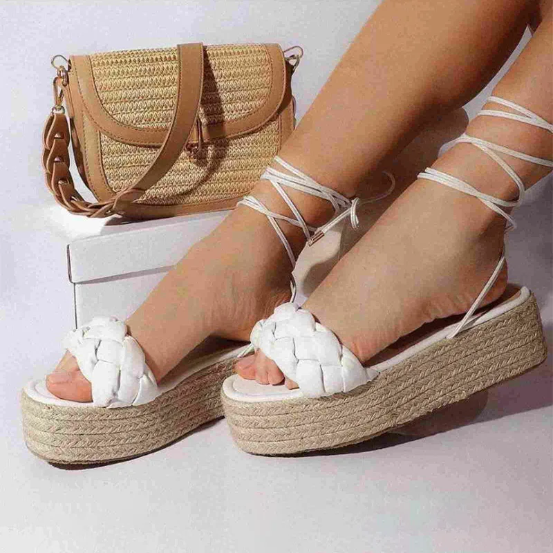 

2022 Summer Women Wedge Sandals WeaveThick Bottom Pee Toe Shoes Cross-tied Fashion Flat Slides Female Platform Sandal Plus Size