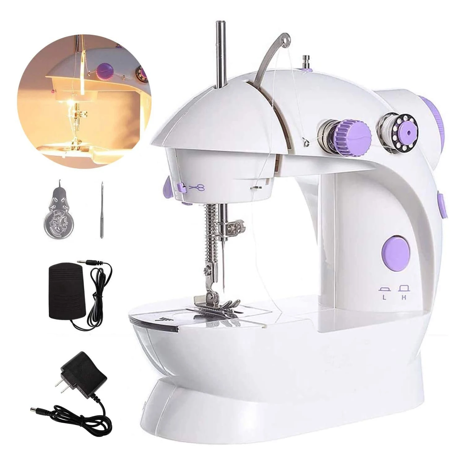 

Настольная швейная машина, портативная Мини-машинка для шитья, ночная подсветка, ножная педаль, прямая линия, два набор ниток Electric