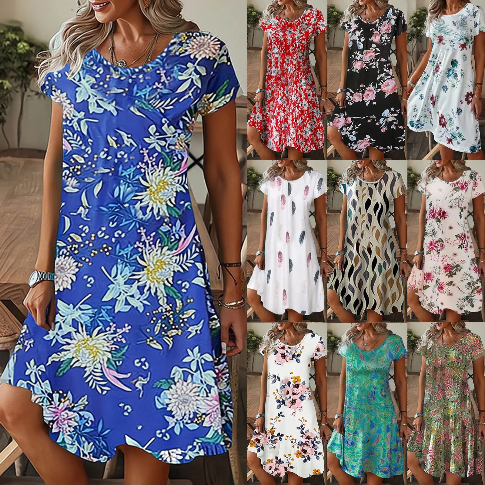 

Summer Beach Style Floral Printed Sundress Women's Casual V-neck Loose Short Sleeve Dress Fashion Elegant Pullover Party Dress