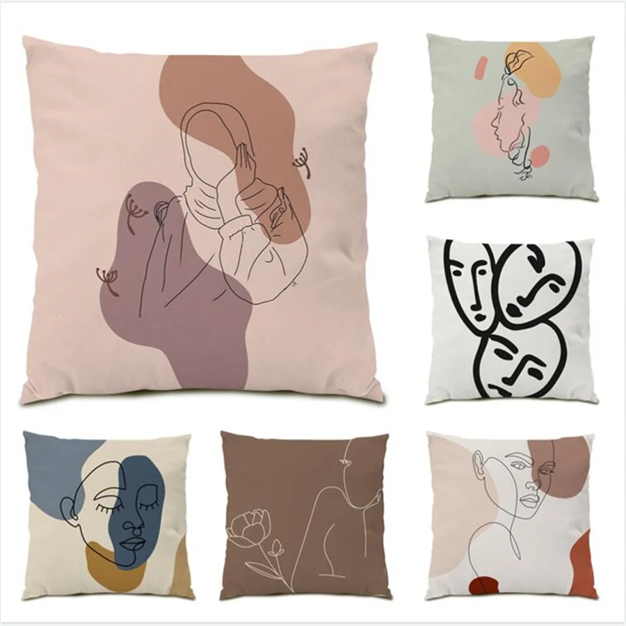 

Polyester Linen Pillow Cases for Beds Abstract Character Facial Pattern Ornamental Soft Velvet Decorative Cushion Covers E0142