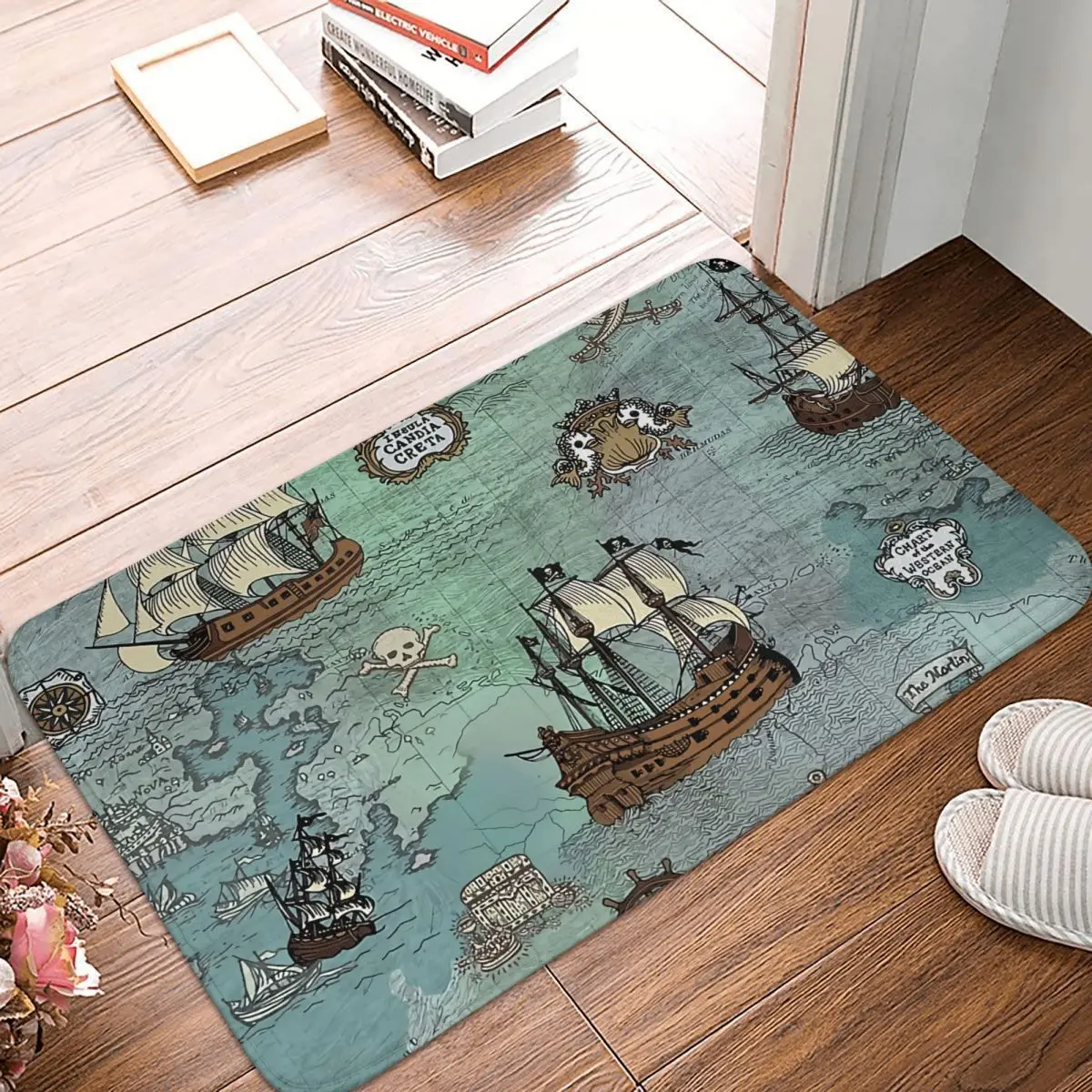 

Non-slip Doormat Pirate Map Nautical Sea Print Ocean Blue And Sea Glass Green Bath Bedroom Mat Carpet Flannel Modern Decor