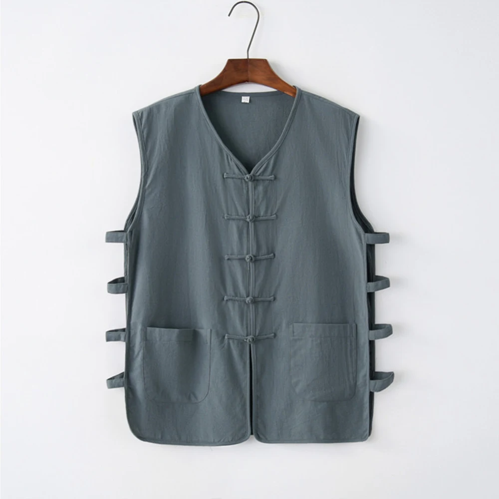 

Жилет мужской с дисковой пряжкой, модный костюм Тан в стиле ретро, повседневные топы, кардиган без рукавов из хлопка и льна, рубашка Кунг-фу, на лето