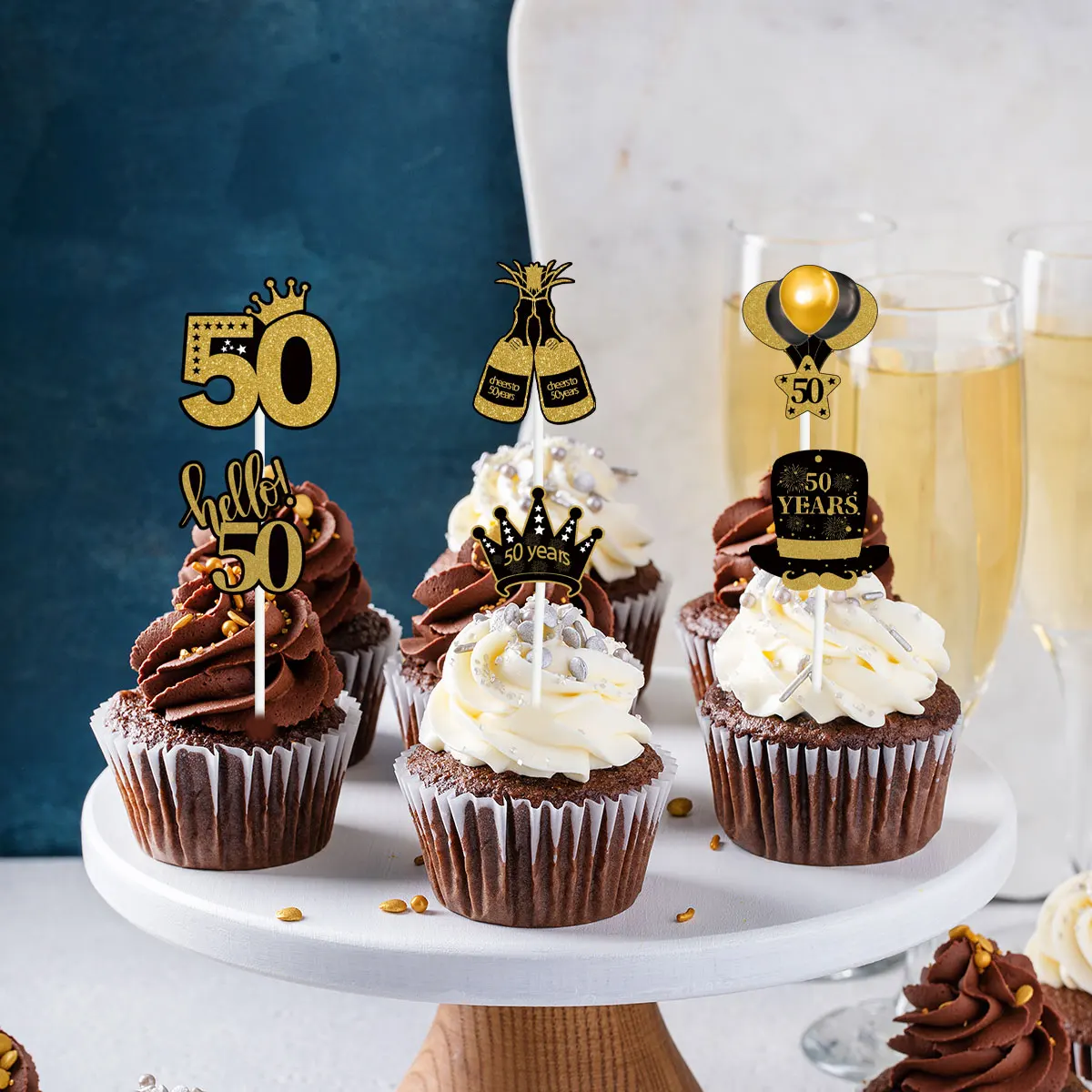 Топперы для капкейков из черного золота 18 21 30 40 50 60 70 80 лет 12 шт.