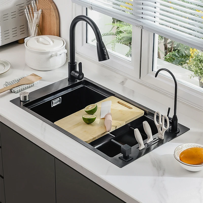 

Stepped Design Stainless Steel Kitchen Sink Controlled Drainage Of Countertop Topmount Single Bowl Basin With Knife-holder