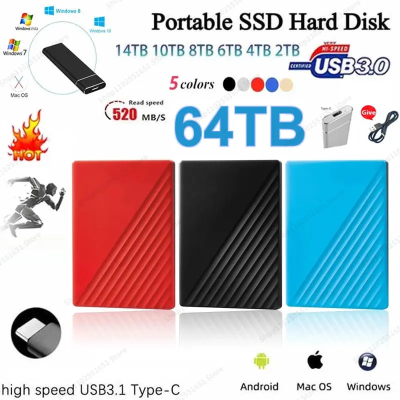 

Original Portable 64TB 16TB SSD External Solid State Hard Drive 8tb 4TB USB3.0 Interface HDD Mobile Hard Drive For mac/ Laptop