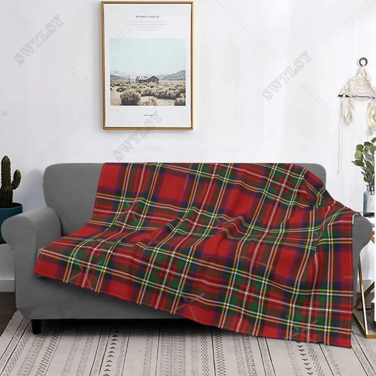 

Red Tartan Stewart Clan Throw Blanket, Plaid Ultra-Soft Flannel Blanket Lightweight Home Decor Fleece Blanket for Men Women Kids