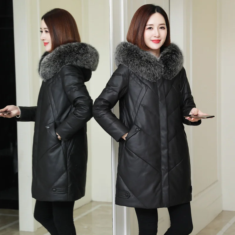

100% genuine leather real Haining Down jacket women's medium length 2023 new sheep skin fox fur collar loose thickened coat