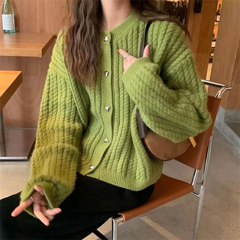 

Western Fried Dough Twists Women's Knitted Cardigan Autumn and Winter New Solid Round Neck Loose Sweater Coat Women