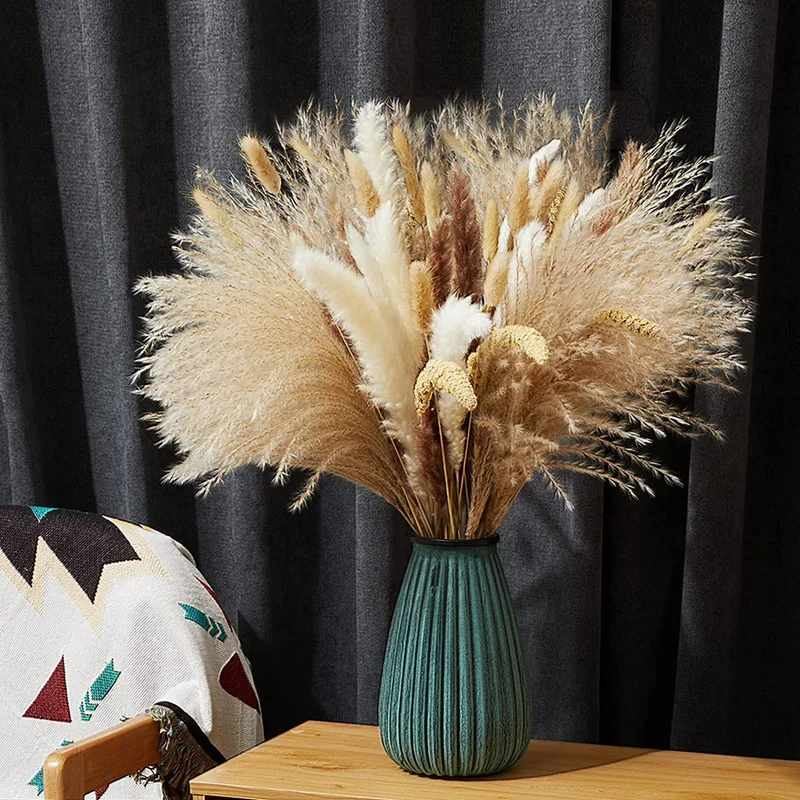 70pcs Natural Dried Pampas Grass Plumes Rabbit Tail Millet Mixing Bulrush Fluffy Home Living Room Wedding Arrangement Flower