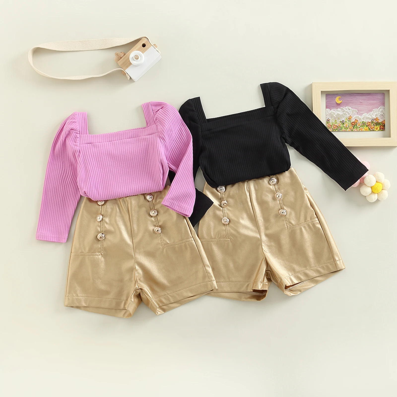 

TR New Autumn Kids Toddler Kids Girls Outfits Solid Color Knitted Ribbed Puff Long Sleeve Tops + PU Leather Buttons Shorts Set