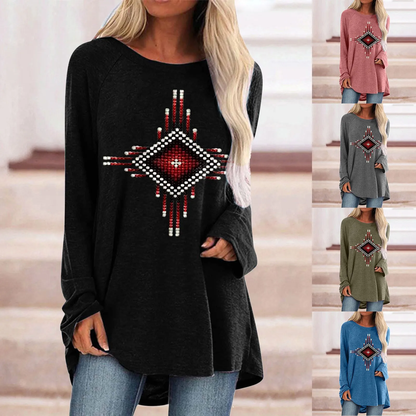 

Женская футболка с длинным рукавом и вырезом лодочкой в этническом стиле, Повседневная Туника с длинным рукавом, женская теплая рубашка с д...