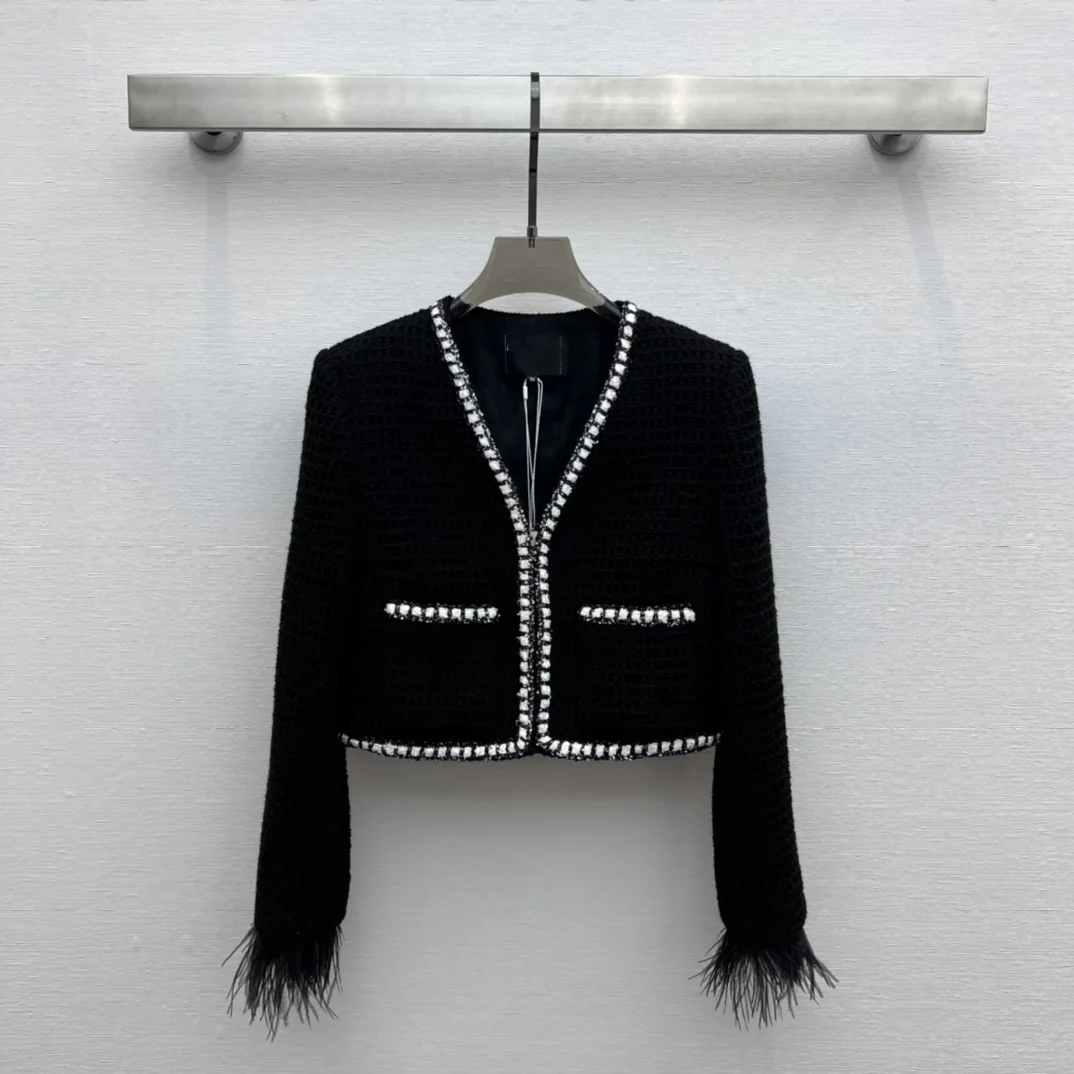 

Новинка 2023, осень/зима, пальто для мастерской, съемные манжеты из страусиного меха, винтажная ткань с V-образным вырезом на заказ,