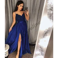 caroline royal blue elegant evening dress v neck spaghetti strap appliques a line side split women prom gowns party custom made