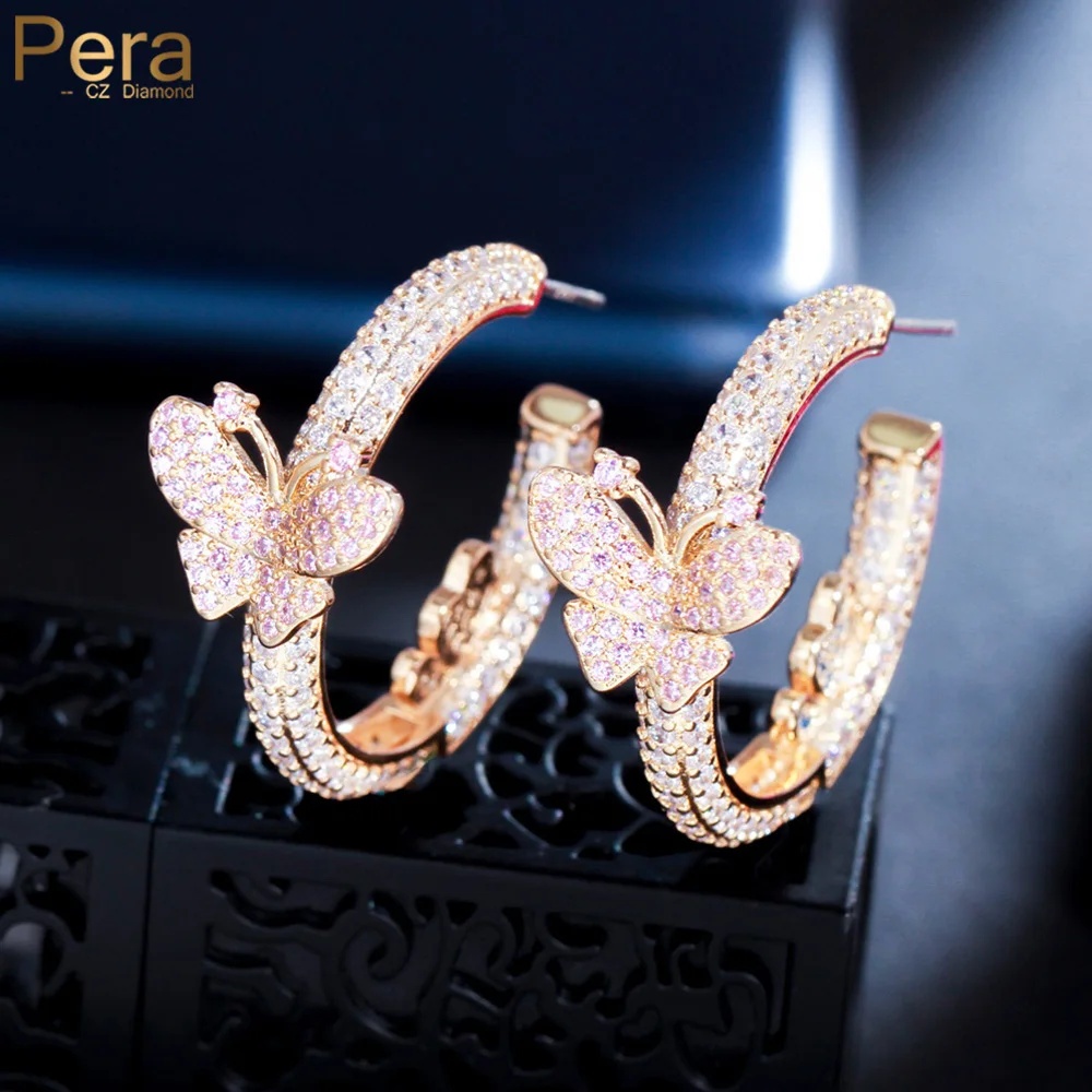 

Pera Lovely Pink Blue Butterfly CZ Zircon Yellow Gold Color Big Circle Hoop Earrings for Women Valentine Party Jewelry Gift E931