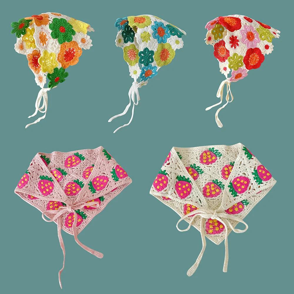 

Женская вязаная повязка на голову ручной работы, милая вязаная треугольная повязка в Корейском стиле, винтажные вязаные повязки для волос с маргаритками, тюрбан