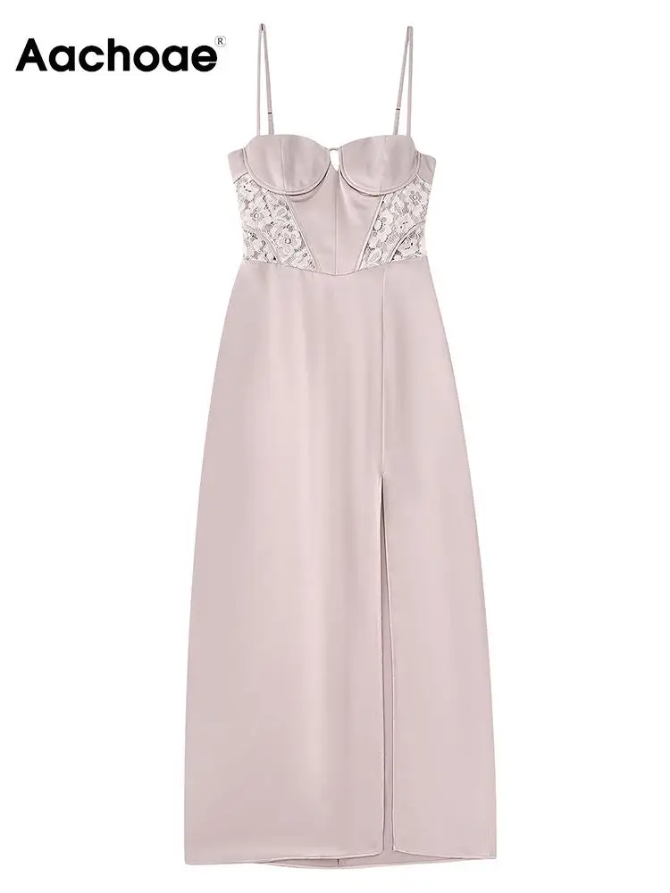 

Aachoae Summer Sexy Spaghetti Strap Dress Women Fashion Pink Color Side Split A Line Dress Ladies Elegant Dinner Party Dress