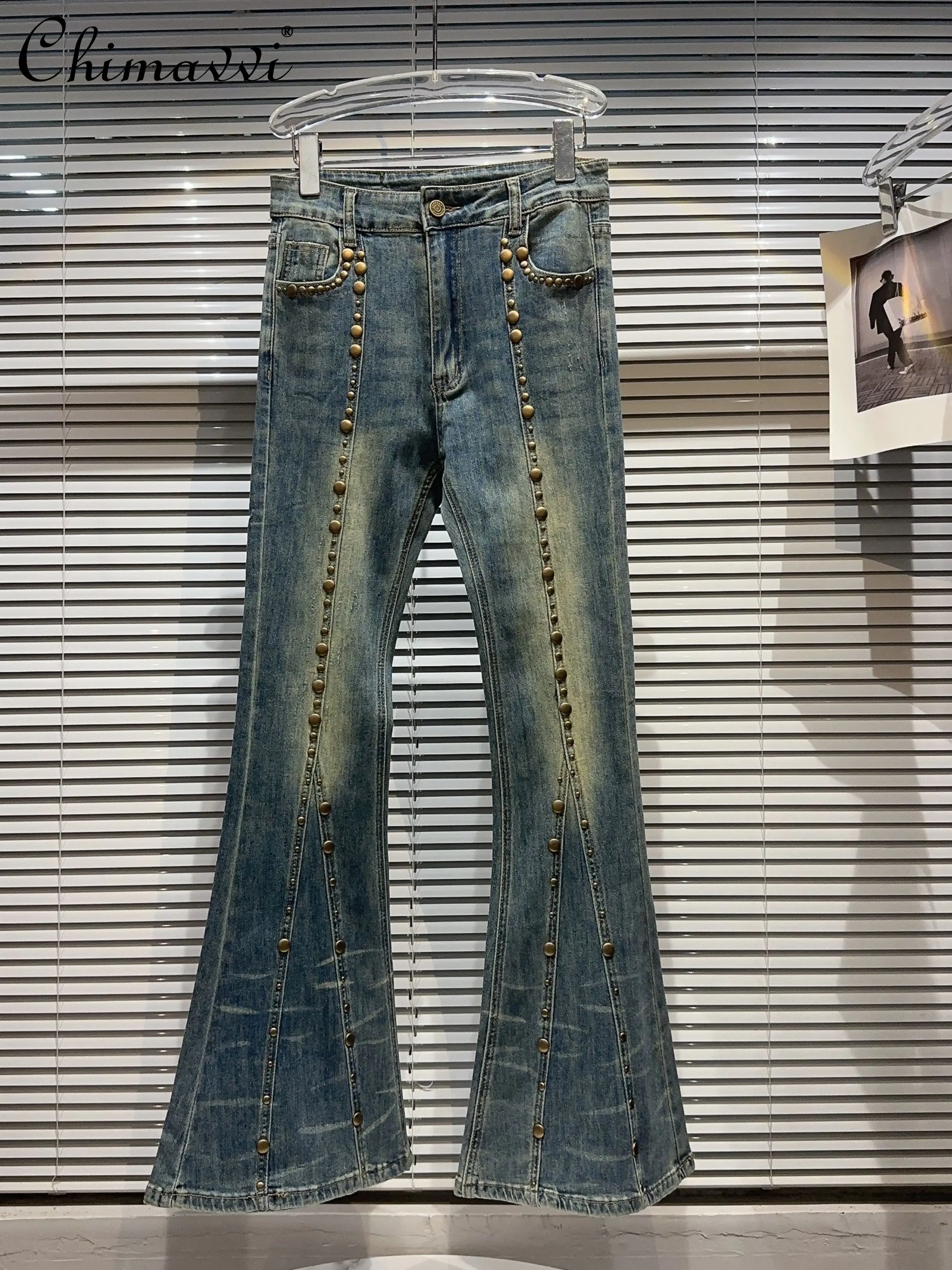 2023 Summer Clothes New Fashion Irregular Rivet Washed Jeans Retro High-waist Slim Fit Skinny Denim Pants Women's Trousers