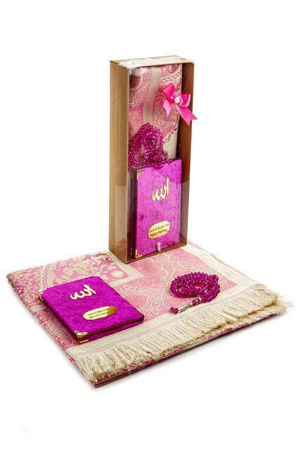 

IQRAH Velvet Lined Yasin Book-Pocket Size-İsme Special Plate Seccadeli-Tesbihli-Boxed-Fuchsia color-Mawlid Gift Se