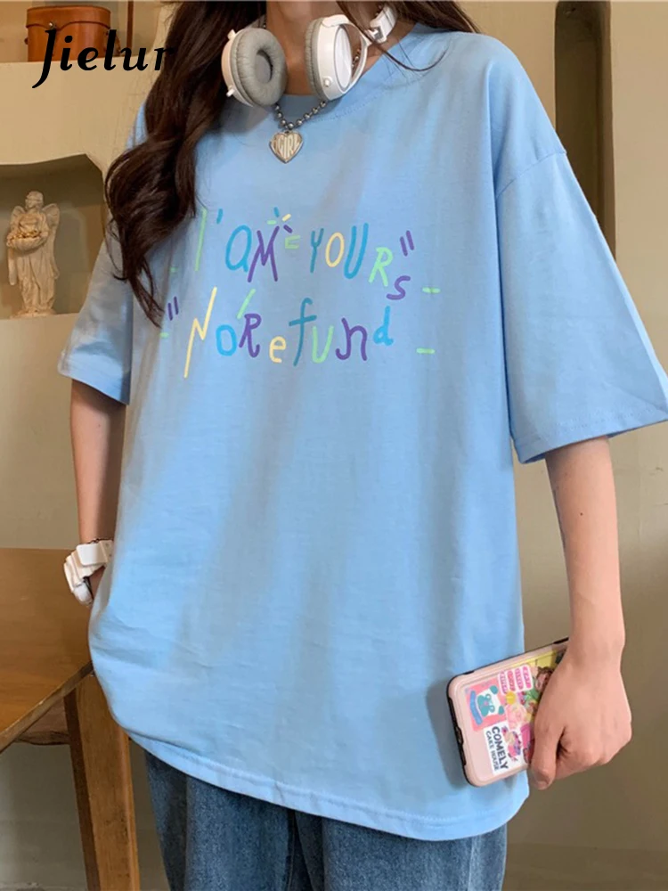 

Jielur Cool Letter Print Women's T-shirts Creative Fashion Blue T Shirt Female Summer Tee Shirt Short Sleeve Harajuku Streetwear