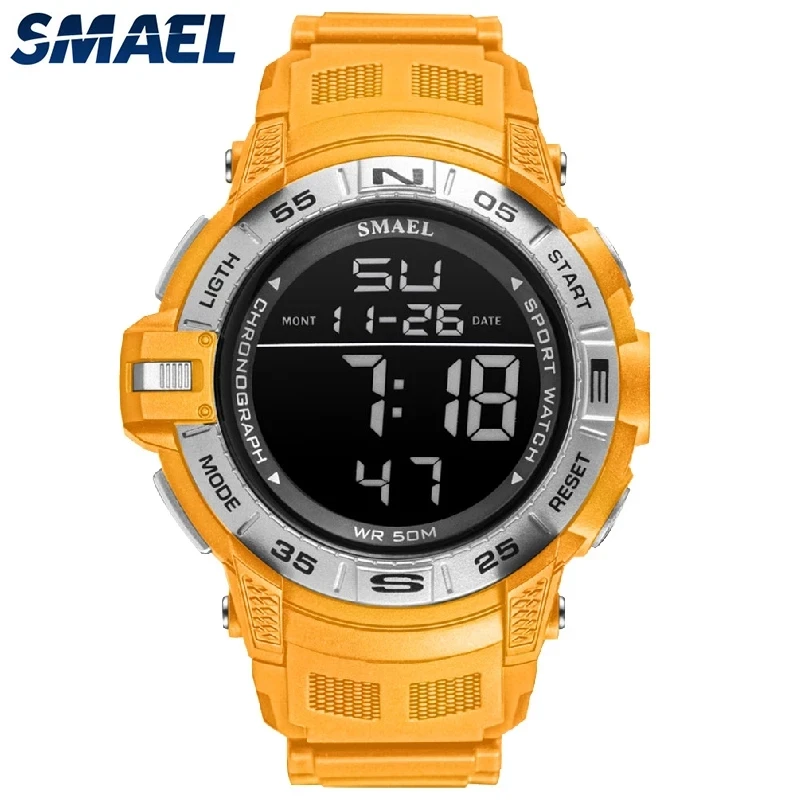 

Digital Watches Sport SMAEL Watch For Men 50M Waterproof Alarm Clock Auto Date Watch Orange Bracelet 1511 Men's Watches Military