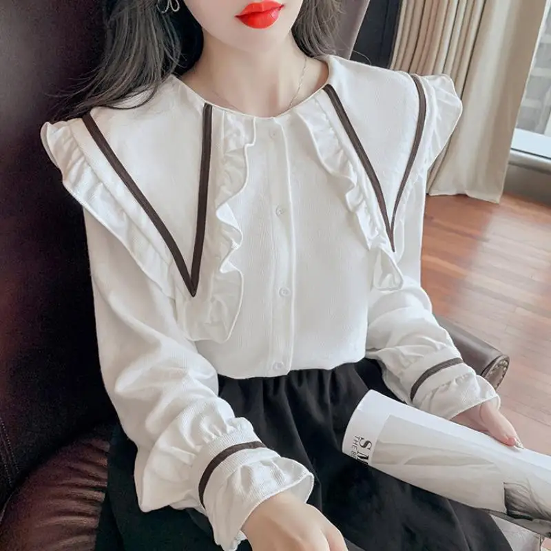 2022 New Loose All-Match Chic Long Sleeve Top Blouse Mujer Fashion Wooden Ear Doll Collar Shirt Women's Autumn Clothing