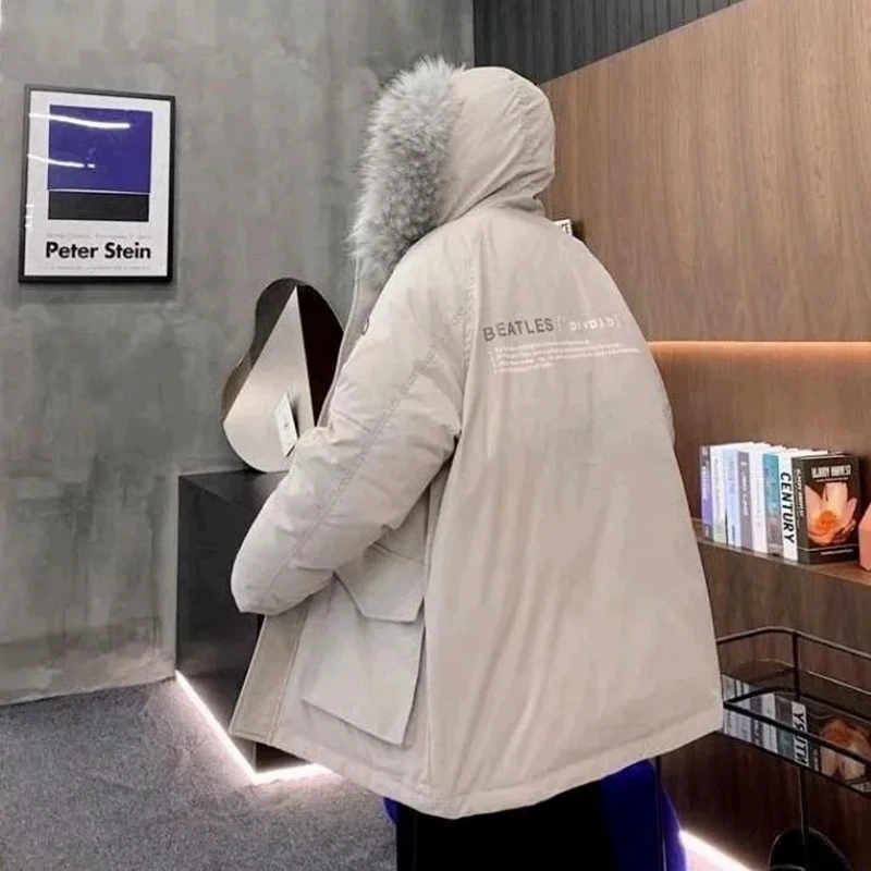 Kpop Thickened Cotton Coat Women's Winter Trend Medium Long Wool Collar Cotton Shirt Fashion Warm Harajuku Hooded Parker