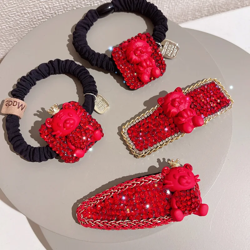 

Rhinestone Red Hair Tie Clip for Women Girl Tiger Elastic Bands Rubber Korean Cute Accessories Handmade Wholesale