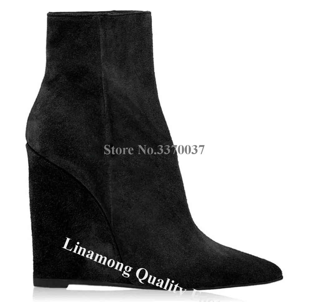 Женские замшевые ботильоны на танкетке с острым носком молнии