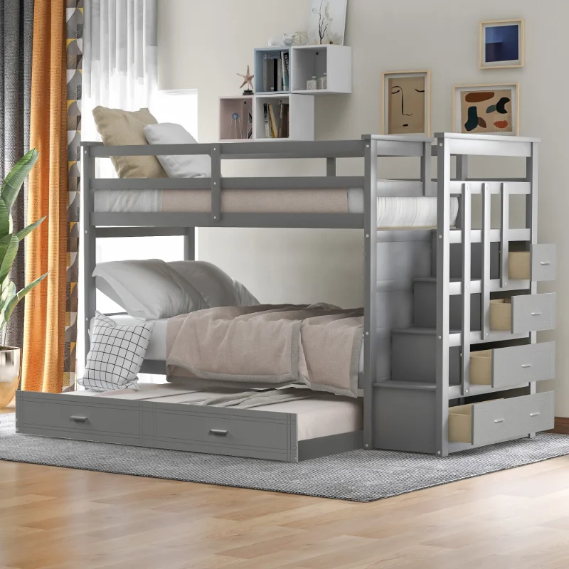 

Id Wood Bunk Bed\ Hardwood Twin Over Twin Bunk Bed with Trundle and Staircase\ Natural Gray Finish(Old SKU: