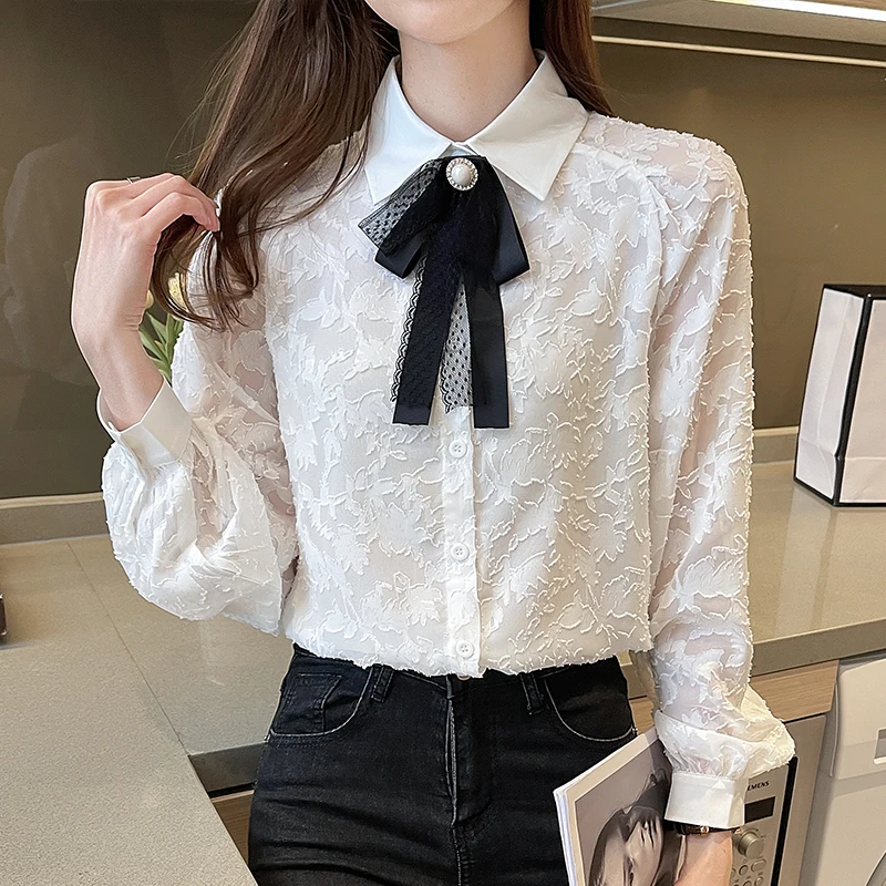

Spring Fashion Women's Long Sleeve Shirt Top Bow Chiffon Blouses Top Women Clothing