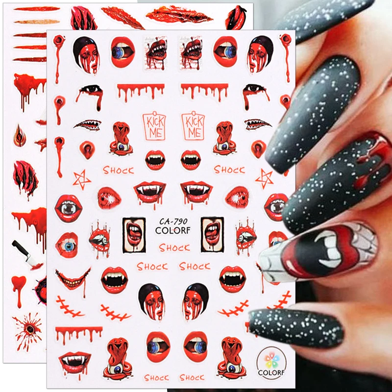 

Halloween Nail Art Stickers Scary Bloody Scars Red Lips Witch Skeleton Design 3D Self Adhesive Nail Stickers Skull Nail Decals